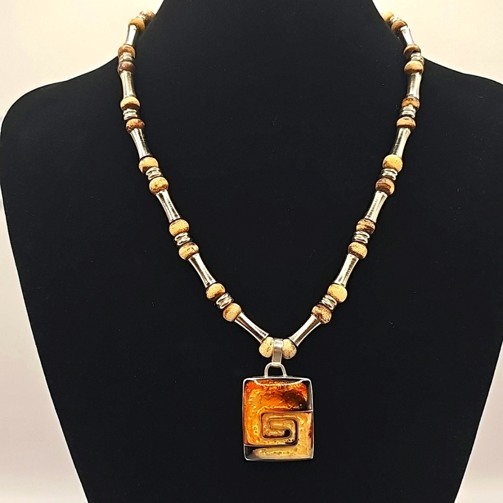 Meander Murano Style Inlay Sterling Silver Pendant Tribal Style Necklace